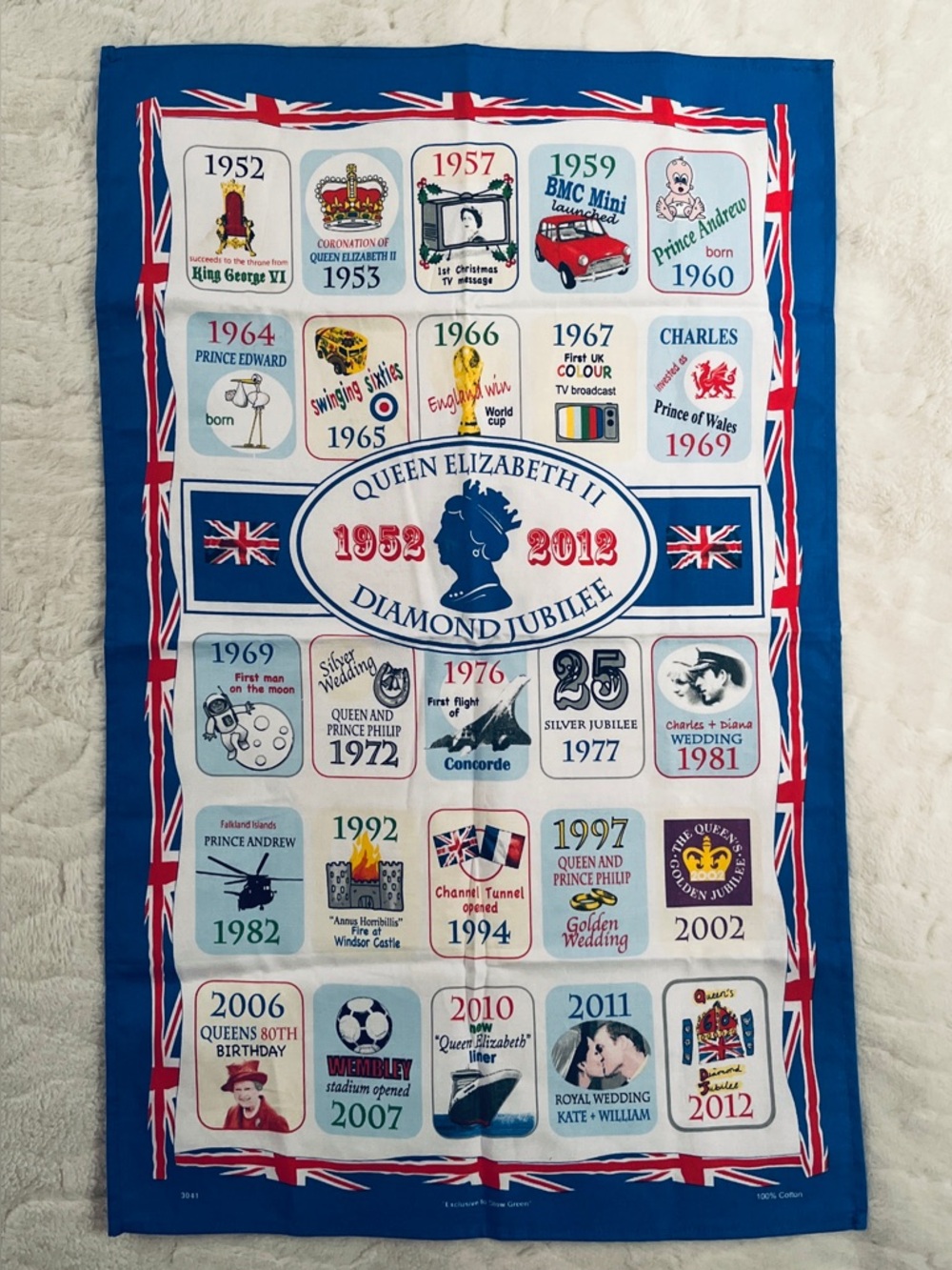Cotton towel designed to celebrate Queen Elizabeth ll Diamond Jubilee in 2012.